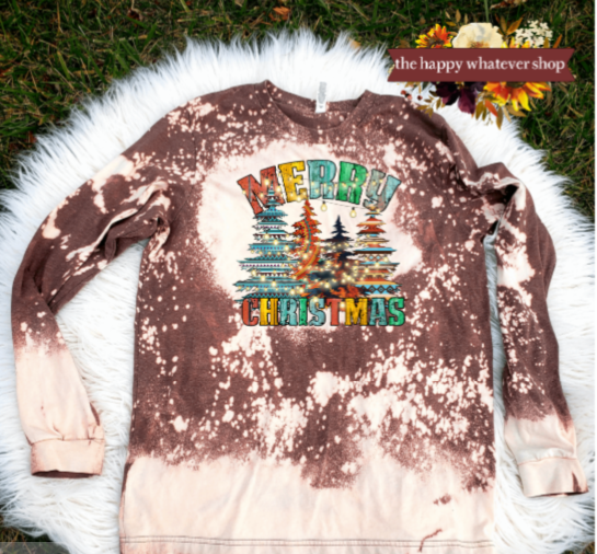 Merry Christmas bleached dye long sleeve tee shirt